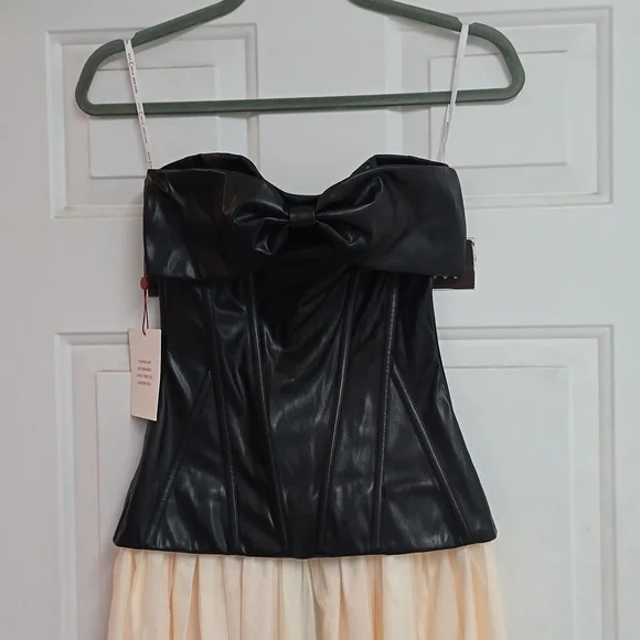MISS CIRCLE 38 Maayan Black Vegan Leather Corset High Slit Drop Waist Maxi Dres